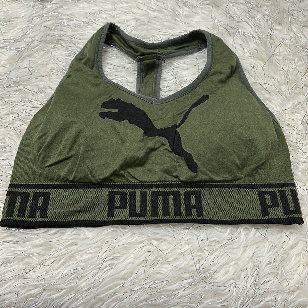 Puma Olive Green and Black Logo Sports Bra